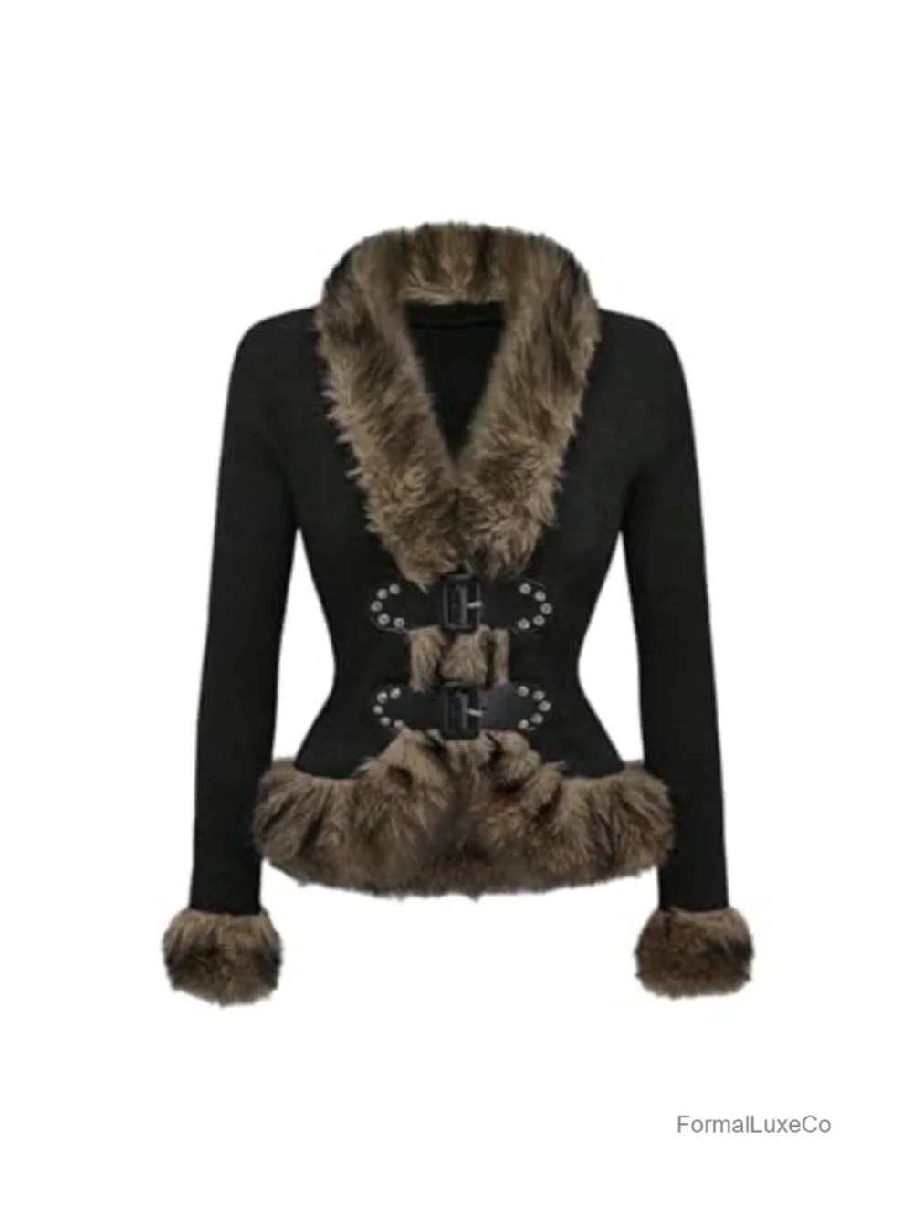 Faux Fur Long Sleeve Cardigan Hippie Punk Buckle Knit Outerwear